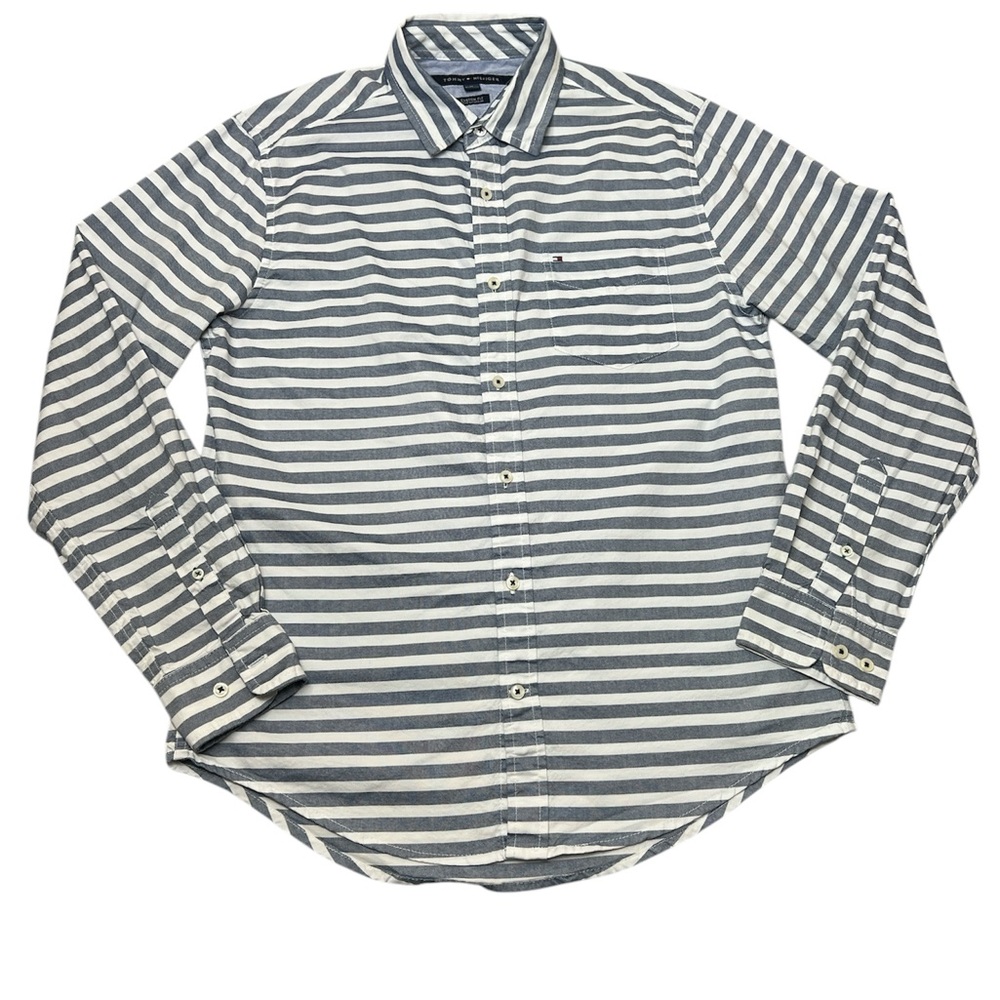 Tommy Hilfiger Custom Fit Men's Striped Shirt Long Sleeve Gray and White M